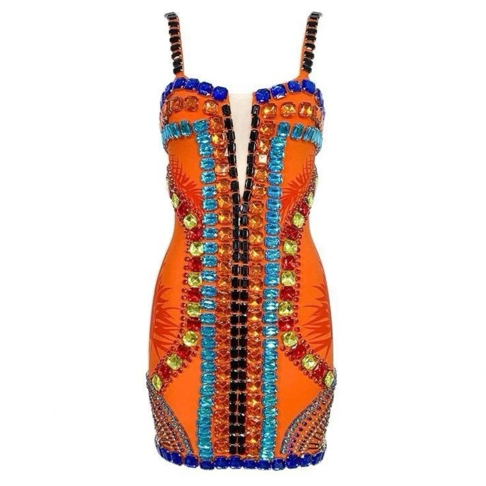 Hand Made Split Mesh Square Neck Crystal Embellished Dress - Picture 8 of 9